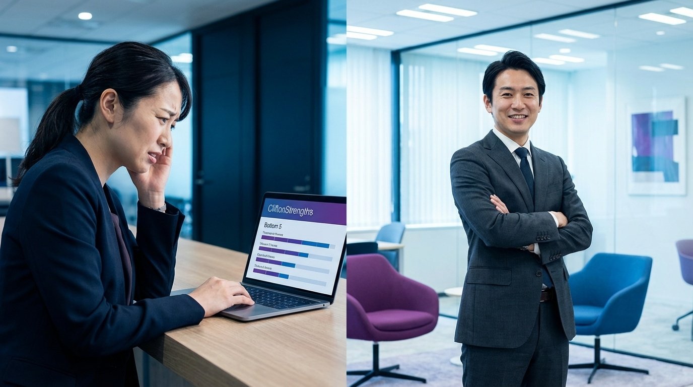 Left: 女性がノートパソコンで診断結果を見て困惑している様子 | Right: 男性が自信を持って腕を組んで立っている様子